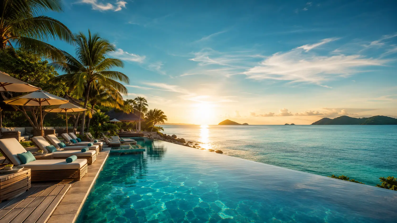 Turquoise sea lapping a white-sand luxury beach resort at sunset